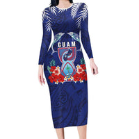 Guam Liberation Day Long Sleeve Bodycon Dress The Tribal Latte Stone and Dolphins with Hibiscus Chamorro Culture LT03 Long Dress Blue - Polynesian Pride