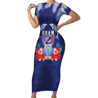 Guam Liberation Day Short Sleeve Bodycon Dress The Tribal Latte Stone and Dolphins with Hibiscus Chamorro Culture LT03 Long Dress Blue - Polynesian Pride
