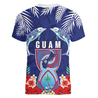 Guam Liberation Day Women V-Neck T-Shirt The Tribal Latte Stone and Dolphins with Hibiscus Chamorro Culture