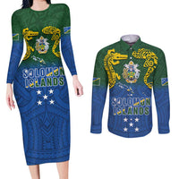 Solomon Islands Couples Matching Long Sleeve Bodycon Dress and Long Sleeve Button Shirt The Guardians-Tribal Crocodile and Shark Melanesian Tattoo LT03 Green - Polynesian Pride