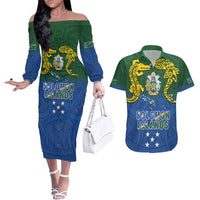 Solomon Islands Couples Matching Off The Shoulder Long Sleeve Dress and Hawaiian Shirt The Guardians-Tribal Crocodile and Shark Melanesian Tattoo LT03 Green - Polynesian Pride