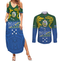 Solomon Islands Couples Matching Summer Maxi Dress and Long Sleeve Button Shirt The Guardians-Tribal Crocodile and Shark Melanesian Tattoo LT03 Green - Polynesian Pride
