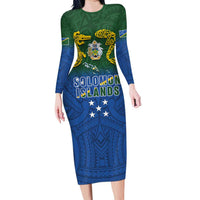 Solomon Islands Long Sleeve Bodycon Dress The Guardians-Tribal Crocodile and Shark Melanesian Tattoo LT03 Long Dress Green - Polynesian Pride
