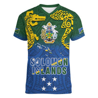 Solomon Islands Women V-Neck T-Shirt The Guardians-Tribal Crocodile and Shark Melanesian Tattoo LT03 Female Green - Polynesian Pride