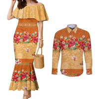 Hawaii Hibiscus Couples Matching Mermaid Dress and Long Sleeve Button Shirt Turtles and Tribal Motifs Vintage Floral Style LT03 Yellow - Polynesian Pride