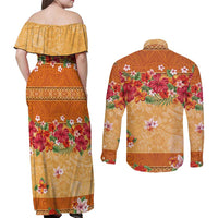 Hawaii Hibiscus Couples Matching Off Shoulder Maxi Dress and Long Sleeve Button Shirt Turtles and Tribal Motifs Vintage Floral Style LT03 - Polynesian Pride