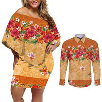 Hawaii Hibiscus Couples Matching Off Shoulder Short Dress and Long Sleeve Button Shirt Turtles and Tribal Motifs Vintage Floral Style LT03 Yellow - Polynesian Pride