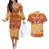 Hawaii Hibiscus Couples Matching Off The Shoulder Long Sleeve Dress and Hawaiian Shirt Turtles and Tribal Motifs Vintage Floral Style LT03 Yellow - Polynesian Pride