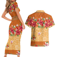 Hawaii Hibiscus Couples Matching Short Sleeve Bodycon Dress and Hawaiian Shirt Turtles and Tribal Motifs Vintage Floral Style LT03 - Polynesian Pride