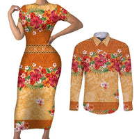 Hawaii Hibiscus Couples Matching Short Sleeve Bodycon Dress and Long Sleeve Button Shirt Turtles and Tribal Motifs Vintage Floral Style LT03 Yellow - Polynesian Pride