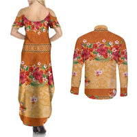 Hawaii Hibiscus Couples Matching Summer Maxi Dress and Long Sleeve Button Shirt Turtles and Tribal Motifs Vintage Floral Style LT03 - Polynesian Pride