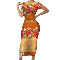 Hawaii Hibiscus Family Matching Short Sleeve Bodycon Dress and Hawaiian Shirt Turtles and Tribal Motifs Vintage Floral Style LT03 Mom's Dress Yellow - Polynesian Pride