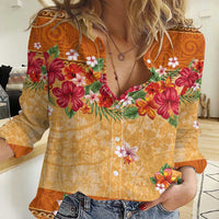 Hawaii Hibiscus Women Casual Shirt Turtles and Tribal Motifs Vintage Floral Style LT03 Female Yellow - Polynesian Pride