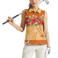 Hawaii Hibiscus Women Sleeveless Polo Shirt Turtles and Tribal Motifs Vintage Floral Style