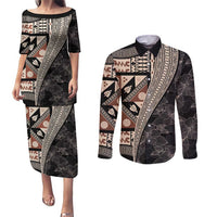 Bula Hibiscus Festival Couples Matching Puletasi and Long Sleeve Button Shirt Fijian Masi Pattern Half Style