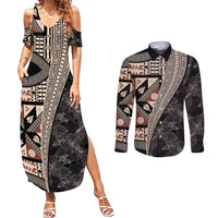 Bula Hibiscus Festival Couples Matching Summer Maxi Dress and Long Sleeve Button Shirt Fijian Masi Pattern Half Style LT03 Beige - Polynesian Pride