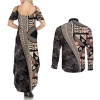 Bula Hibiscus Festival Couples Matching Summer Maxi Dress and Long Sleeve Button Shirt Fijian Masi Pattern Half Style LT03 - Polynesian Pride