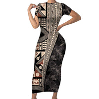 Bula Hibiscus Festival Family Matching Short Sleeve Bodycon Dress and Hawaiian Shirt Fijian Masi Pattern Half Style LT03 Mom's Dress Beige - Polynesian Pride
