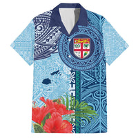 Fiji Day Family Matching Off The Shoulder Long Sleeve Dress and Hawaiian Shirt Tapa Pattern and Hibiscus Flower LT03 Dad's Shirt - Short Sleeve Blue - Polynesian Pride