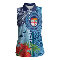 Fiji Day Women Sleeveless Polo Shirt Tapa Pattern and Hibiscus Flower