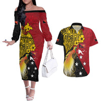 Papua New Guinea Independence Day Couples Matching Off The Shoulder Long Sleeve Dress and Hawaiian Shirt Bird-of-Paradise with Map and Polynesian Pattern LT03 Black - Polynesian Pride