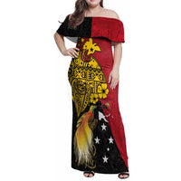 Papua New Guinea Independence Day Family Matching Off Shoulder Maxi Dress and Hawaiian Shirt Bird-of-Paradise with Map and Polynesian Pattern LT03 Mom's Dress Black - Polynesian Pride