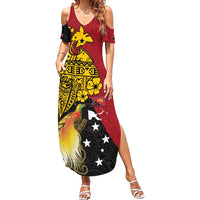 Papua New Guinea Independence Day Family Matching Summer Maxi Dress and Hawaiian Shirt Bird-of-Paradise with Map and Polynesian Pattern LT03 Mom's Dress Black - Polynesian Pride