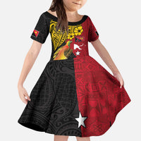 Papua New Guinea Independence Day Kid Short Sleeve Dress Bird-of-Paradise with Map and Polynesian Pattern