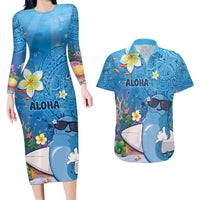 Aloha Hawaiian Monk Seal Couples Matching Long Sleeve Bodycon Dress and Hawaiian Shirt Polynesian Tattoo The Ocean and Undersea Vibe LT03 Blue - Polynesian Pride