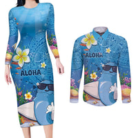 Aloha Hawaiian Monk Seal Couples Matching Long Sleeve Bodycon Dress and Long Sleeve Button Shirt Polynesian Tattoo The Ocean and Undersea Vibe LT03 Blue - Polynesian Pride