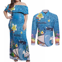 Aloha Hawaiian Monk Seal Couples Matching Off Shoulder Maxi Dress and Long Sleeve Button Shirt Polynesian Tattoo The Ocean and Undersea Vibe