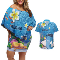 Aloha Hawaiian Monk Seal Couples Matching Off Shoulder Short Dress and Hawaiian Shirt Polynesian Tattoo The Ocean and Undersea Vibe LT03 Blue - Polynesian Pride