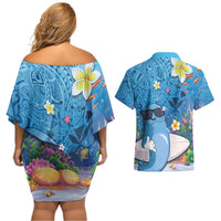 Aloha Hawaiian Monk Seal Couples Matching Off Shoulder Short Dress and Hawaiian Shirt Polynesian Tattoo The Ocean and Undersea Vibe LT03 - Polynesian Pride