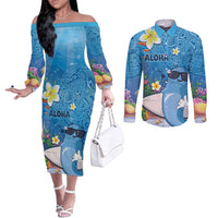 Aloha Hawaiian Monk Seal Couples Matching Off The Shoulder Long Sleeve Dress and Long Sleeve Button Shirt Polynesian Tattoo The Ocean and Undersea Vibe LT03 Blue - Polynesian Pride