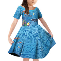 Aloha Hawaiian Monk Seal Family Matching Off Shoulder Short Dress and Hawaiian Shirt Polynesian Tattoo The Ocean and Undersea Vibe LT03 Daughter's Dress Blue - Polynesian Pride