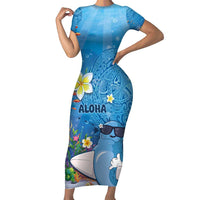 Aloha Hawaiian Monk Seal Family Matching Short Sleeve Bodycon Dress and Hawaiian Shirt Polynesian Tattoo The Ocean and Undersea Vibe LT03 Mom's Dress Blue - Polynesian Pride