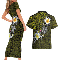 Hawaiian Turtle and Plumeria Couples Matching Short Sleeve Bodycon Dress and Hawaiian Shirt Polynesian Tattoo and Tribal Elements Pattern Yellow Color LT03 - Polynesian Pride