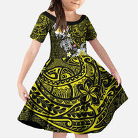 Hawaiian Turtle and Plumeria Family Matching Long Sleeve Bodycon Dress and Hawaiian Shirt Polynesian Tattoo and Tribal Elements Pattern Yellow Color LT03 Daughter's Dress Yellow - Polynesian Pride