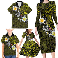 Hawaiian Turtle and Plumeria Family Matching Long Sleeve Bodycon Dress and Hawaiian Shirt Polynesian Tattoo and Tribal Elements Pattern Yellow Color LT03 - Polynesian Pride