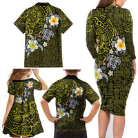 Hawaiian Turtle and Plumeria Family Matching Long Sleeve Bodycon Dress and Hawaiian Shirt Polynesian Tattoo and Tribal Elements Pattern Yellow Color LT03 - Polynesian Pride