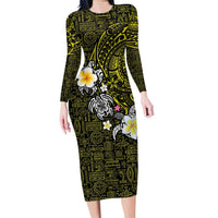 Hawaiian Turtle and Plumeria Family Matching Long Sleeve Bodycon Dress and Hawaiian Shirt Polynesian Tattoo and Tribal Elements Pattern Yellow Color LT03 Mom's Dress Yellow - Polynesian Pride