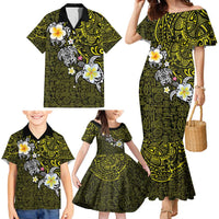 Hawaiian Turtle and Plumeria Family Matching Mermaid Dress and Hawaiian Shirt Polynesian Tattoo and Tribal Elements Pattern Yellow Color LT03 - Polynesian Pride