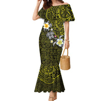 Hawaiian Turtle and Plumeria Family Matching Mermaid Dress and Hawaiian Shirt Polynesian Tattoo and Tribal Elements Pattern Yellow Color LT03 Mom's Dress Yellow - Polynesian Pride