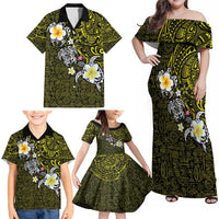 Hawaiian Turtle and Plumeria Family Matching Off Shoulder Maxi Dress and Hawaiian Shirt Polynesian Tattoo and Tribal Elements Pattern Yellow Color LT03 - Polynesian Pride