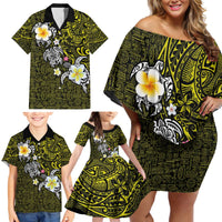 Hawaiian Turtle and Plumeria Family Matching Off Shoulder Short Dress and Hawaiian Shirt Polynesian Tattoo and Tribal Elements Pattern Yellow Color LT03 - Polynesian Pride