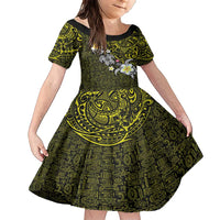 Hawaiian Turtle and Plumeria Family Matching Short Sleeve Bodycon Dress and Hawaiian Shirt Polynesian Tattoo and Tribal Elements Pattern Yellow Color LT03 Daughter's Dress Yellow - Polynesian Pride
