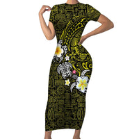 Hawaiian Turtle and Plumeria Family Matching Short Sleeve Bodycon Dress and Hawaiian Shirt Polynesian Tattoo and Tribal Elements Pattern Yellow Color LT03 Mom's Dress Yellow - Polynesian Pride