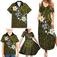 Hawaiian Turtle and Plumeria Family Matching Summer Maxi Dress and Hawaiian Shirt Polynesian Tattoo and Tribal Elements Pattern Yellow Color LT03 - Polynesian Pride