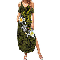 Hawaiian Turtle and Plumeria Family Matching Summer Maxi Dress and Hawaiian Shirt Polynesian Tattoo and Tribal Elements Pattern Yellow Color LT03 Mom's Dress Yellow - Polynesian Pride