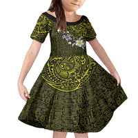 Hawaiian Turtle and Plumeria Family Matching Tank Maxi Dress and Hawaiian Shirt Polynesian Tattoo and Tribal Elements Pattern Yellow Color